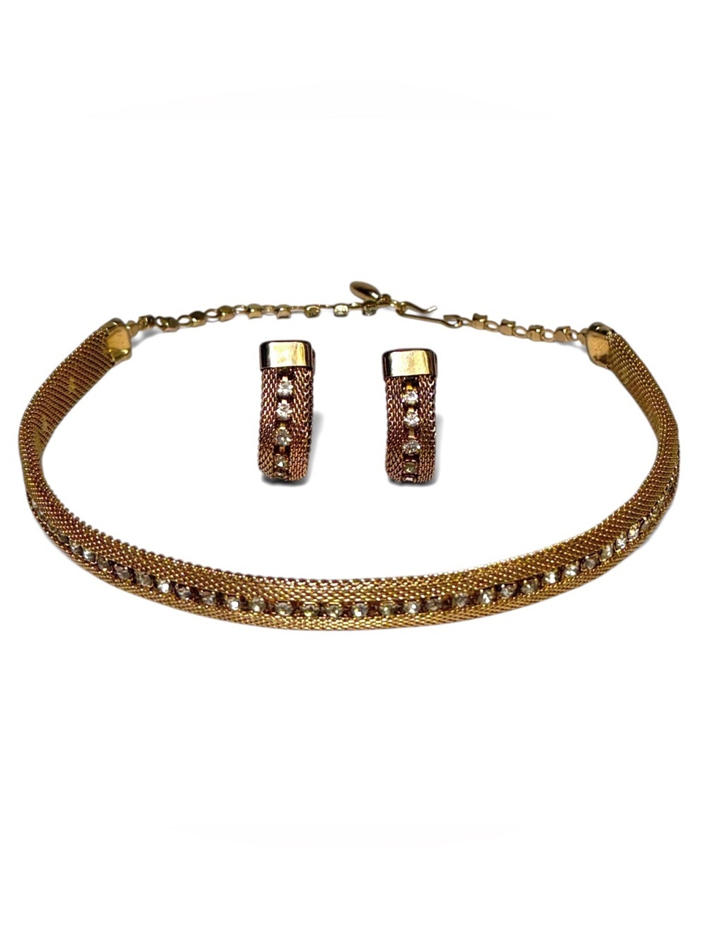 Vintage Gold Mesh Rhinestone Choker Necklace Clip Earring Set Ballou & Co 16"